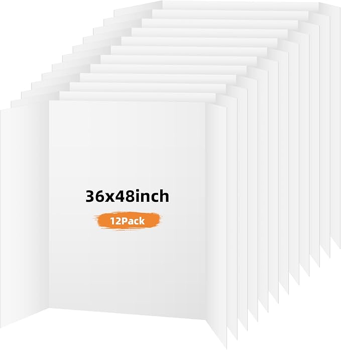 12 Pack Trifold Poster Board, 36x48 Inches White Presentation Board, Portable Display Board for Science Fair, School DIY Project and Business Exhibitions