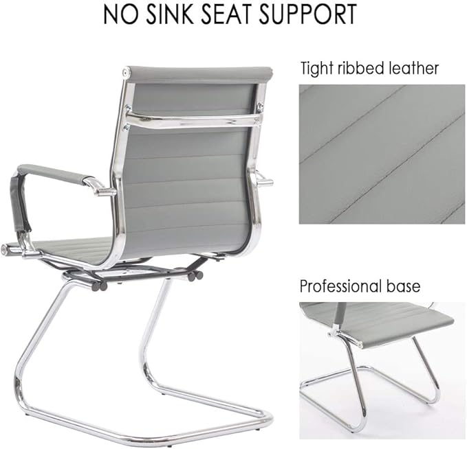 Office Desk Chair No Wheels Set of 4 PU Leather Computer Chairs Mid Back Guest Chairs for School Reception Conference Waiting Room, Grey