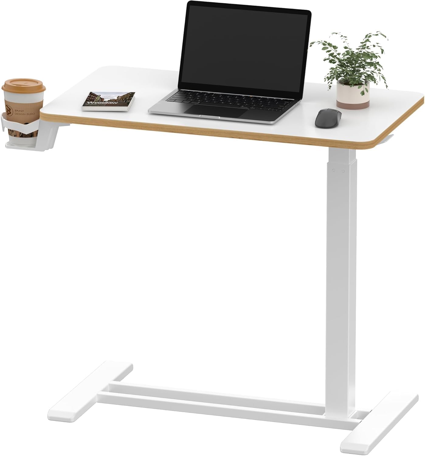 SANODESK Mobile Standing Desk with Hidden Wheels,Pneumatic Laptop Desk Rolling Computer Cart Movable Height Adjustable Small Sit Stand Desk for Home Office(27.6" W x 15.7" D, White+Maple Band)