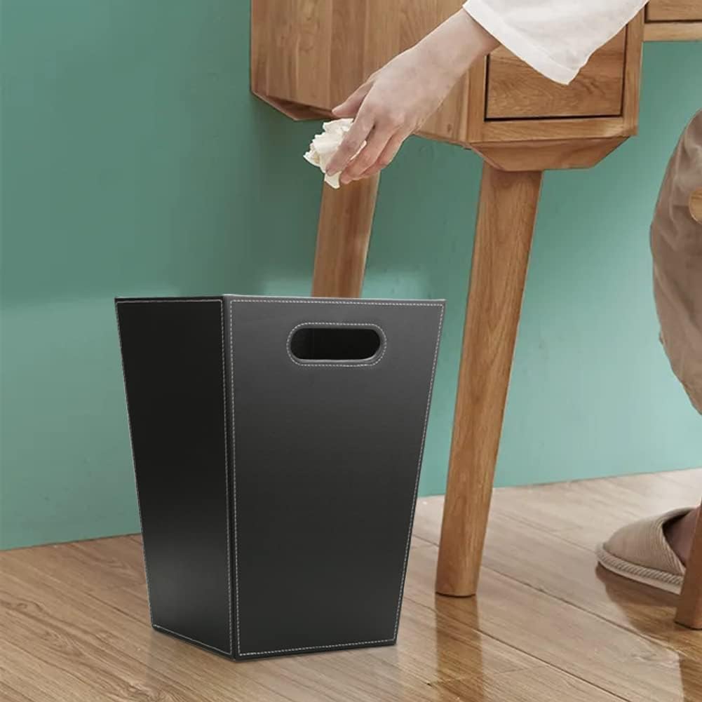 KINGFOM Classic Pu Leather Trash Can Wastebasket, Garbage Container Bin with Handles for Bathrooms, Powder Rooms, Kitchens, Home, Office and and High Class Hotel Square Black