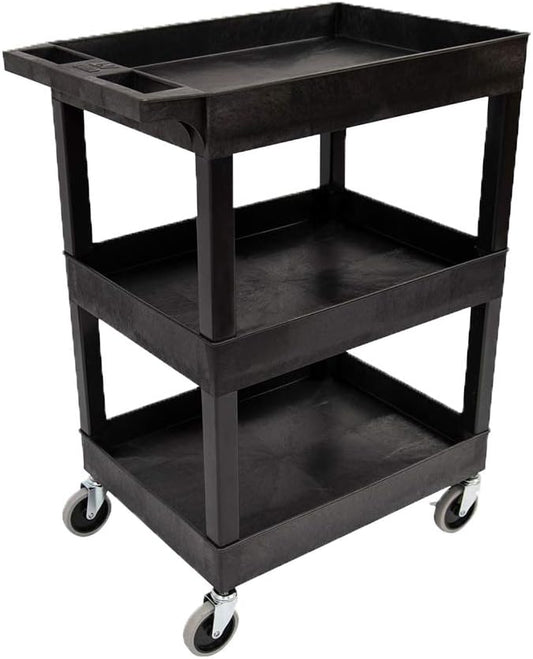Luxor"24"" x 18"" Plastic Utility Tub Cart- Three Shelf- Black" -SEC111-B