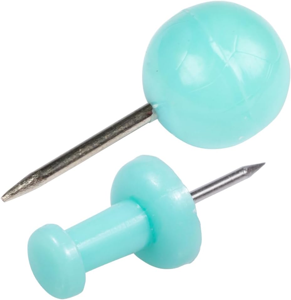 JAM PAPER Colorful Push Pins - Flat & Round Head Thumb Tack Combo Set - Teal Pushpins - 200/Pack