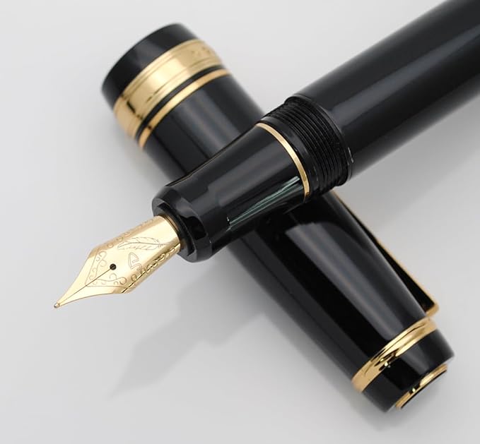 Metal Big Fountain Pen, Medium Nib 0.7mm, Includes Ink Converter & 5 Cartridges, Glossy Piano Painted Finish (Black)