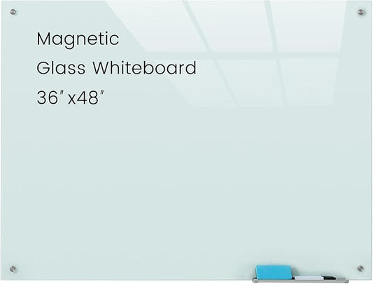 Glass Magnetic White Board - 48 x36 Inches Frameless Dry Erase Whiteboard for Wall, Writing Board for Meeting, Wall Mounted Glass Board for Office and Schools