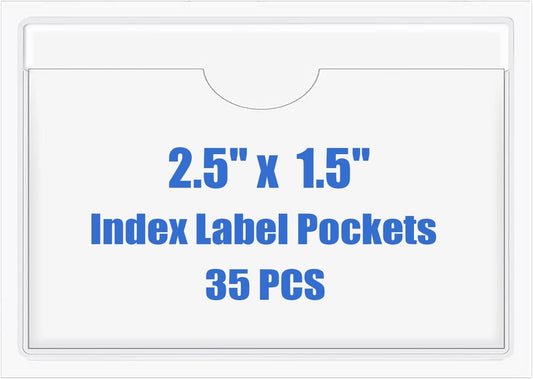 Origin-Joy 35 PCS Self Adhesive Index Card Pockets with Top Open, Clear Plastic Label Holder for Cards of Note, Library and Business, Adhesive Label Pockets & Card Holder (2.5 x 1.5 inch)