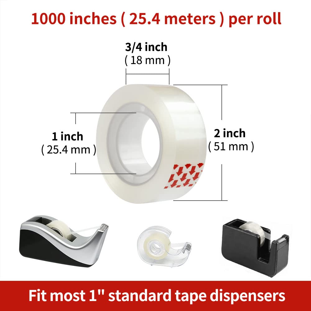 6 Rolls Transparent Tape Refills, Clear Tape, Hand Tearable, 3/4 x 1000 Inches, Glossy Gift Wrapping Tape for Dispenser, Office, School, Home