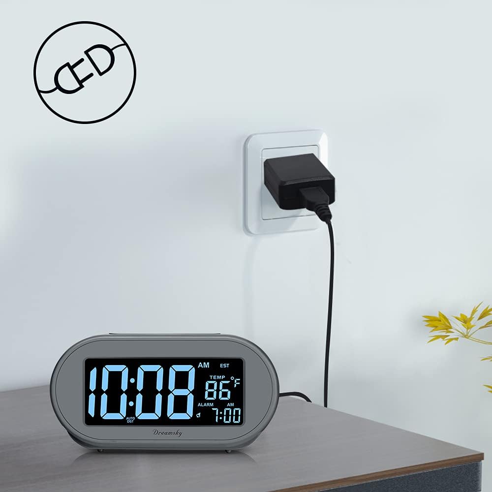 DreamSky Alarm Clocks for Bedrooms, Auto Set Digital Desk Clock for Bedside Nightstand, Electric Clock with Dimmable Brightness Dimmer, Auto DST, USB Port, Date, Temperature, Snooze