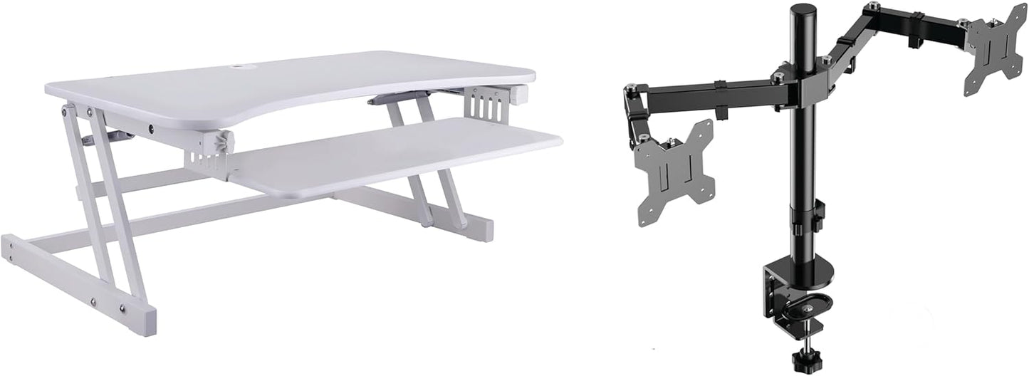 Rocelco 37.5" Height Adjustable Standing Desk Converter with Dual Monitor Mount and Slide Out Retractable Keyboard Tray - Sit Stand Up Double Screen Tabletop Riser Workstation - White (R DADRW-DM2)