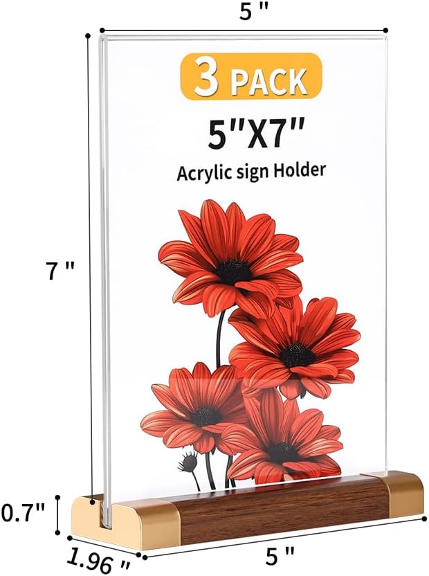 Acrylic Sign Holder 5" x 7" with Wood-Color Base, Tabletop Double-Sided Display Sign Frame Vertical Clear for Store/Coffee Shop/Restaurant Menu Hotel Display Board, 3 Pack T Shape