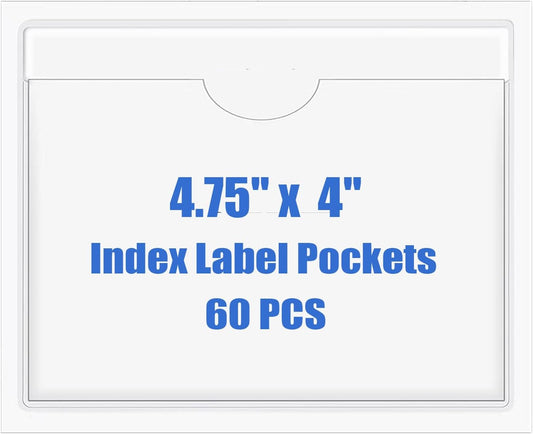 Origin-Joy 60 PCS Self Adhesive Index Card Pockets with Top Open, Clear Plastic Label Holder for Cards of Note, Library and Business, Adhesive Label Pockets & Card Holder (4.75 x 4 inch)