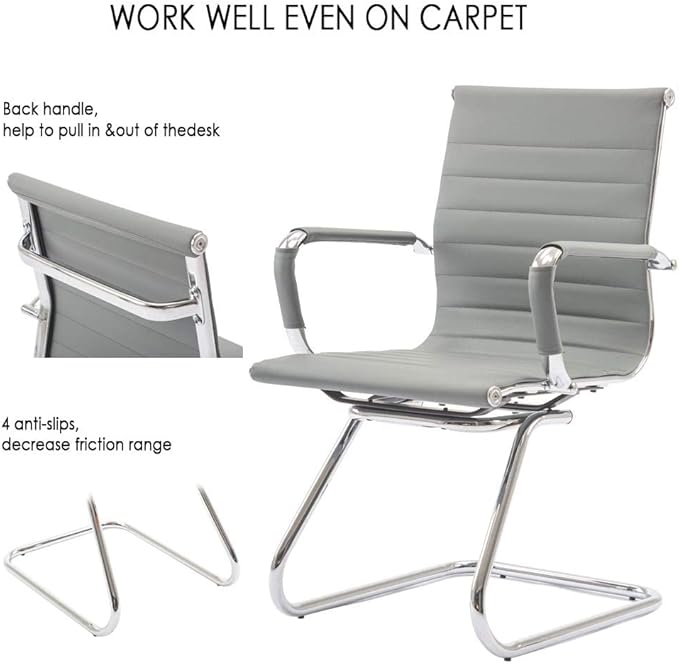 Office Desk Chair No Wheels Set of 4 PU Leather Computer Chairs Mid Back Guest Chairs for School Reception Conference Waiting Room, Grey