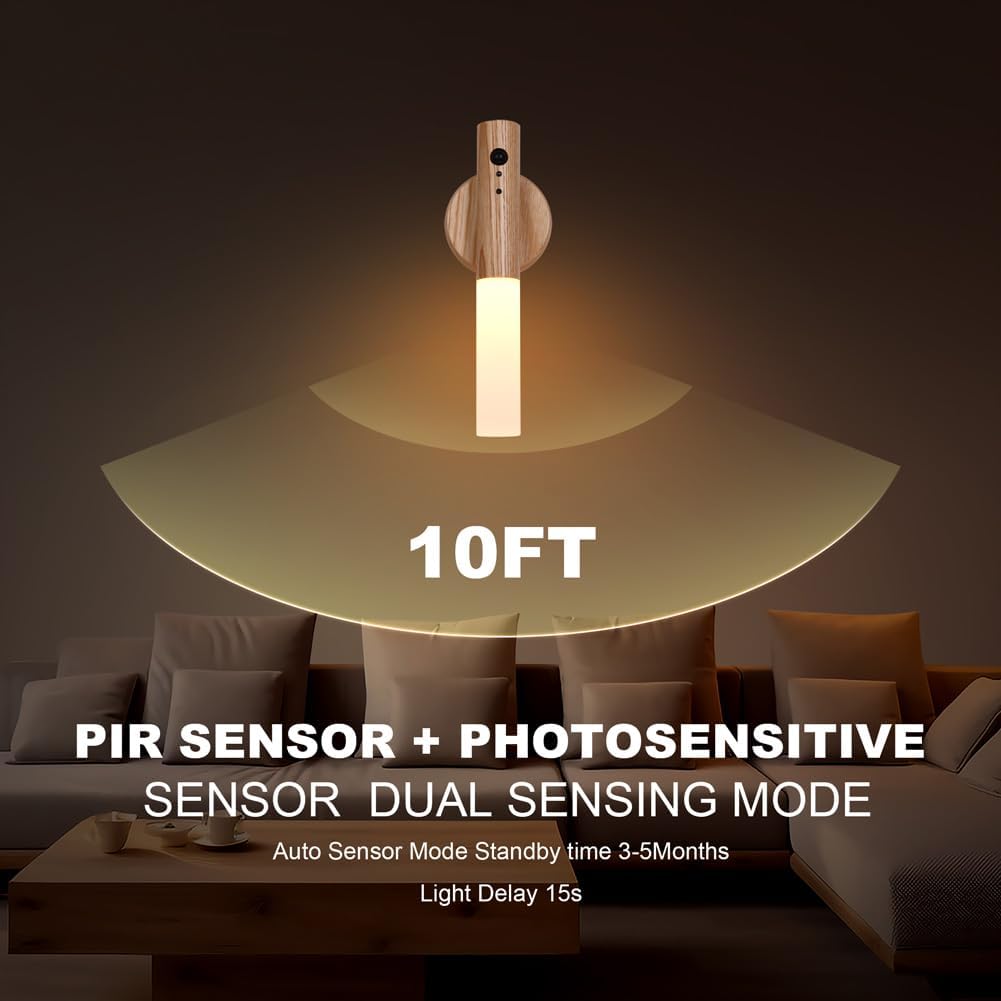 LANDGOO Motion Sensor Night Light RGB & Touch Control | USB-C Rechargeable Ash Wood Wall Sconce | Bathroom/Bedroom Light for Hallway, Stairs, Nursery, Closet, Vanity, Party