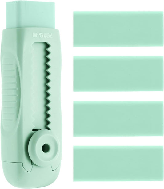 M&G 4+1 Pack Rubber Erasers Sliding Retractable Eraser, Soft Cute Erasers Push Pull Large Pencil Eraser with Plastic Sleeve 4 Refill Eraser for Students Kids, School Office Home Supplies (Green)