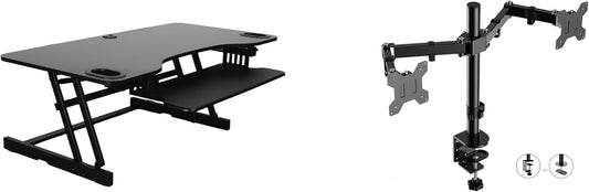 Rocelco 45" Height Adjustable Standing Desk Converter with Dual Monitor Mount and Slide Out Retractable Keyboard Tray - Sit Stand Up Triple Screen Tabletop Riser Workstation - Black (R ADRB-45-DM2)