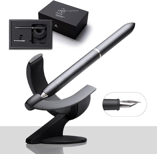 novium Hoverpen Future Edition - Luxury Metal Fountain Pen, Fine Nib, Futuristic Aesthetic, Free Spinning Executive Pen, Gift for Dad (Deep Black)