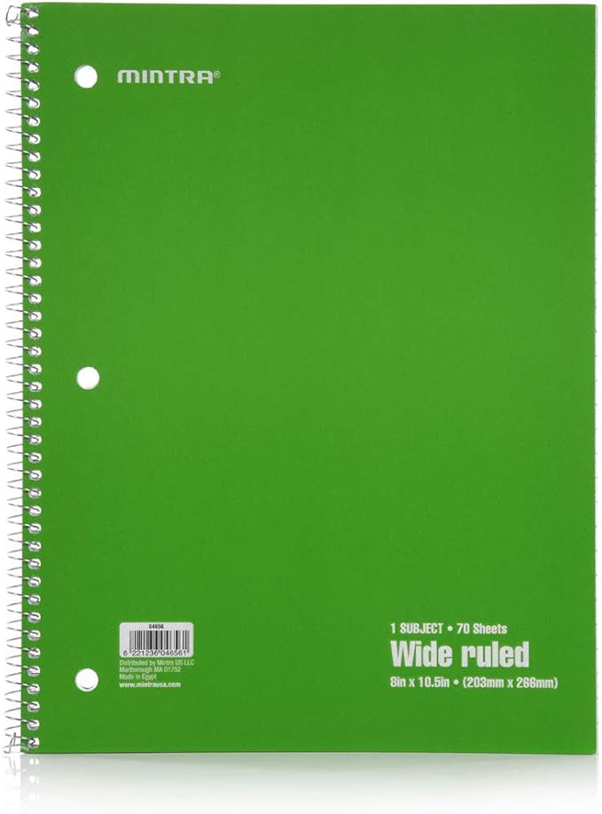 Mintra Office Spiral Notebooks - 1 Subject, 70 Sheets, WIDE Ruled, 8in x 10in, Bulk Pack, Primary Color Covers, Set of 6 - for School, Office, Business, Professional (04656)