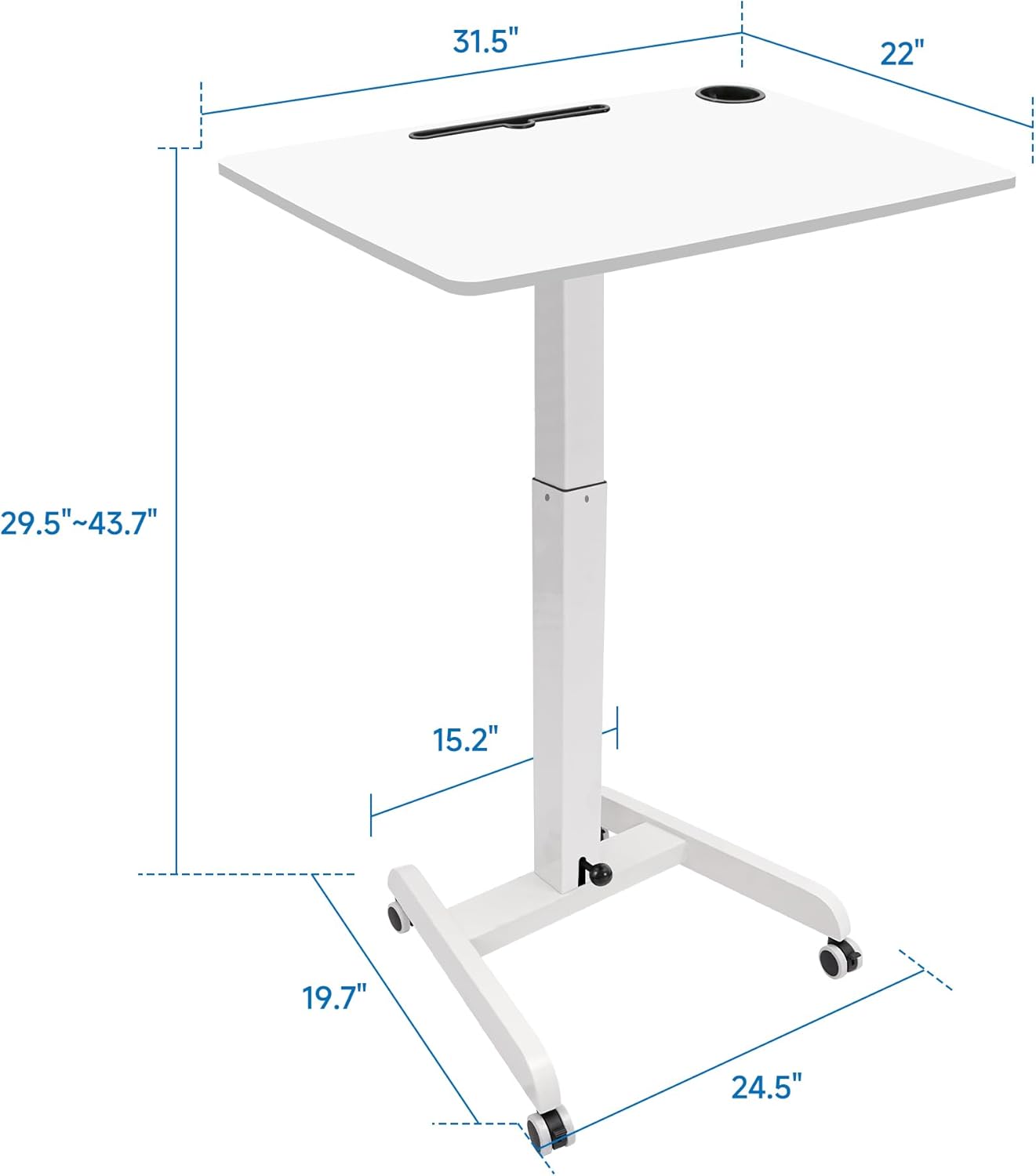 Rolling Laptop Desk Adjustable Height(29.5”- 43.7”)，Mobile Workstation Cart with 31.5" x 22.1"Desktop, Standing Desk Mobile Portable PC Table for Home,Office or Classroom in White