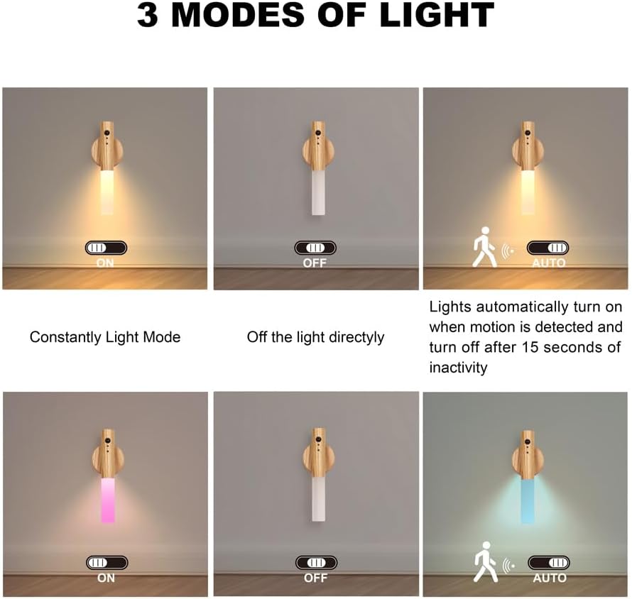 LANDGOO RGB Motion Sensor Night Light, Color Changing Atmosphere Lamp, Battery Powered Rechargeable LED Wood Wall Sconce for Home Party Lighting (RGB Ash Wood 2PCS)