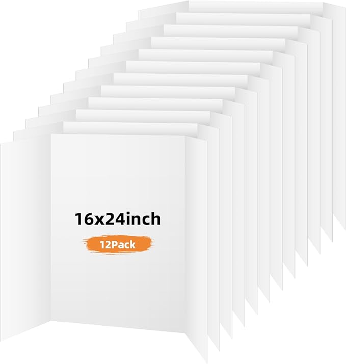 12 Pack Trifold Poster Board, 16x24 Inches White Presentation Board, Portable Display Board for Science Fair, School DIY Project and Business Exhibitions