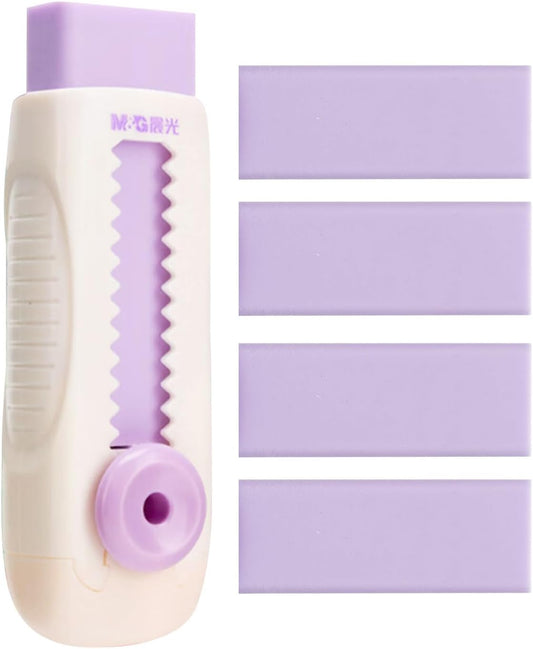 M&G 4+1 Pack Rubber Erasers Sliding Retractable Eraser, Soft Cute Erasers Push Pull Large Pencil Eraser with Plastic Sleeve 4 Refill Eraser for Students Kids, School Office Home Supplies (Purple)