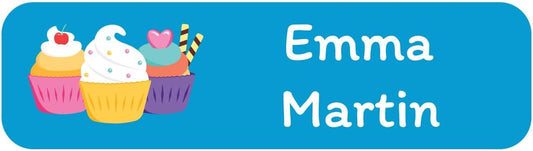 Name Bubbles - Custom Small Rectangle Name Labels for Kids (64 Labels) - Personalized Waterproof Name Stickers for Daycare, Lunch Boxes, Water Bottles, Shoes, School Supplies, & Camp (Cupcakes)