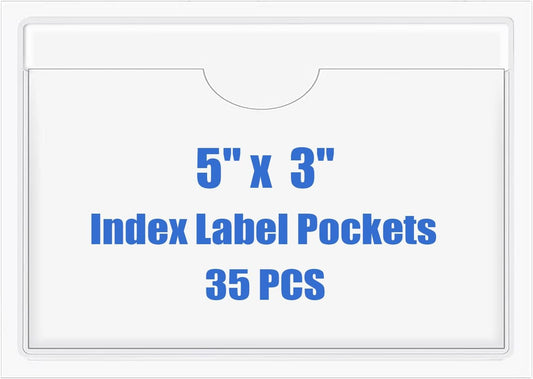 Origin-Joy 35 PCS Self Adhesive Index Card Pockets with Top Open, Clear Plastic Label Holder for Notes, Library and Business, Adhesive Label Pockets & Holder (5 x 3 inch)