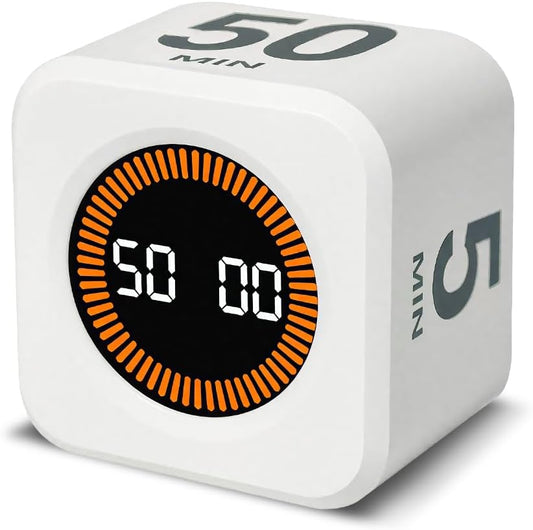 Visual Rotating Timer with 5, 10, 25 50 Minutes Preset, Desk Cube Count Down/up Timer, Rechargeable Custom-time Mute/Sound, Ideal for ADHD Work Learning Kitchen, White