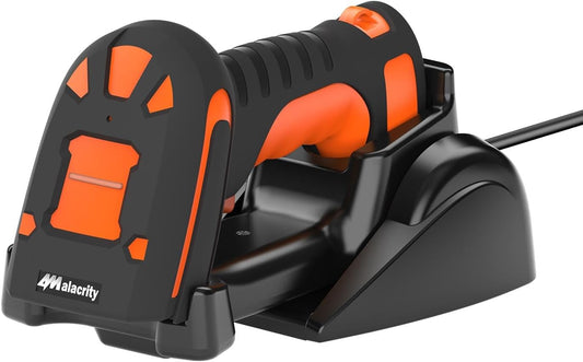 Alacrity Upgraded 2D Industrial Barcode Scanner with Wireless Charging Stand, 1968 Feet Transmission Distance 433Mhz Wireless & Bluetooth 2in1 Barcode Reader, Shock Dust Proof Hands Free, Orange