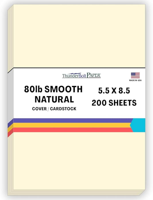 200 Natural Smooth Card Stock Sheets Paper - 5.5 X 8.5 Inches Half Letter | Statement Size - 80# (80 lb/Pound) Cover Weight - Quality Paper - Smooth Finish
