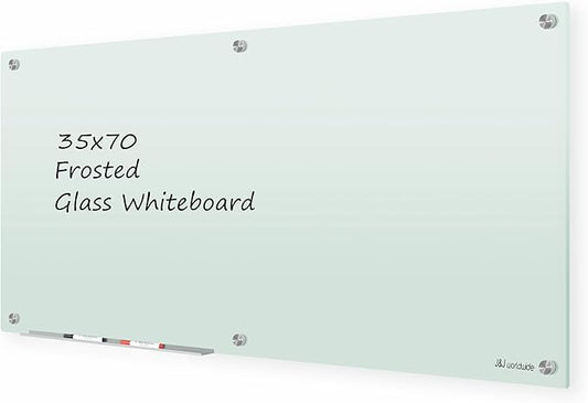 J&J worldwide Glass Whiteboard 6' x 3', Frosted Glass Dry Erase Board Non-Magnetic, Semi-Transparent, Includes Markers, Marker Tray, Eraser for Wall, Office, Home, School