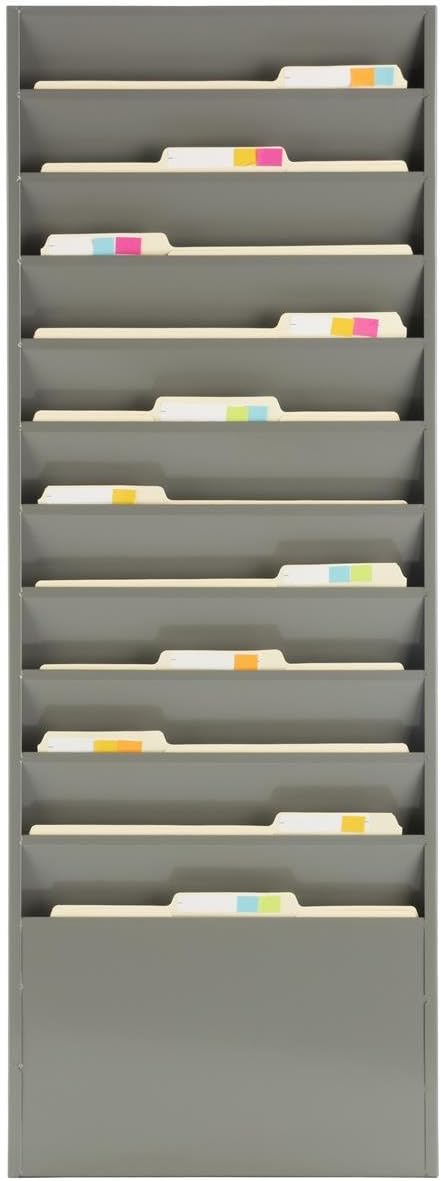 Displays2go Office File Folder Wall Rack, 11 Tiered Pockets, Medical Chart Folders (Gray Powder Coated Steel)