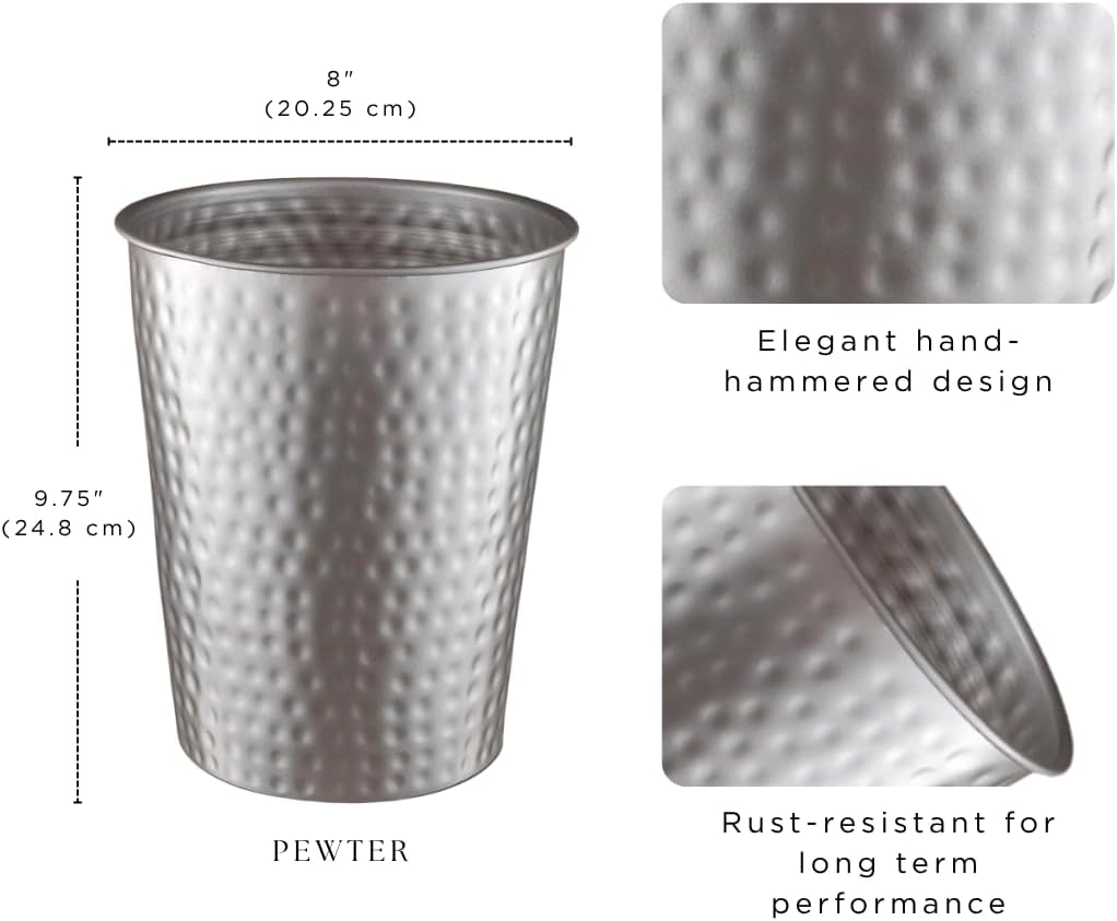 Monarch Abode Pewter Hand Hammered Metal Wastebasket for Home Office Bedroom, Decorative Waste Basket, Modern Bathroom Garbage Can, Durable & Decorative Trash Bin, Pewter Bathroom Trash Can