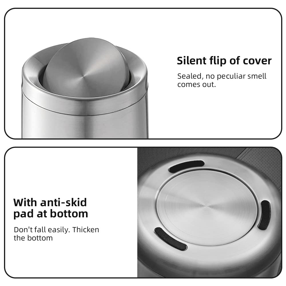 2.6Gallen Brushed Nickel Bathroom Trash Can with Lid, Stainless Steel Garbage Can with Flipping Lid,for Bathroom, Kitchen,Living Room,Bedroom,Hotel (Silver)