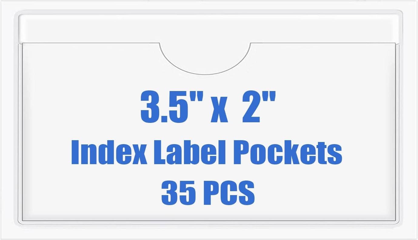 Origin-Joy 35 PCS Self Adhesive Index Card Pockets with Top Open, Clear Plastic Label Holder for Notes, Library and Business, Adhesive Label Pockets & Holder (3.5 x 2 inch)