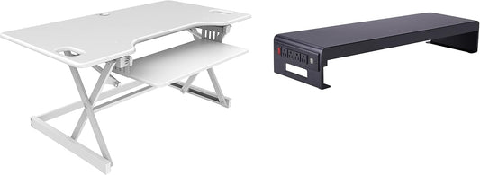 Rocelco 46" Large Height Adjustable Standing Desk Converter with Double Monitor Mount Stand BUNDLE - Quick Sit Stand Up Computer Workstation Riser - Retractable Keyboard Tray - White (R DADRW-46-DMS)