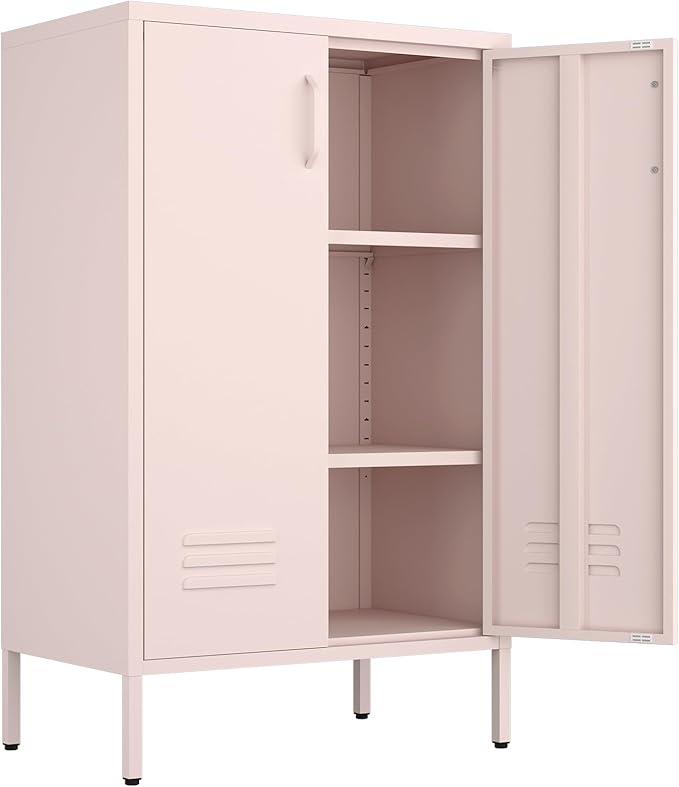 Storage Cabinet,2 Doors Locker Cabinet with Legs,Entryway Cabinet with Adjustable Shelves,Metal Locker Storage Cabinets for Office,Classroom,Bedroom,Pink