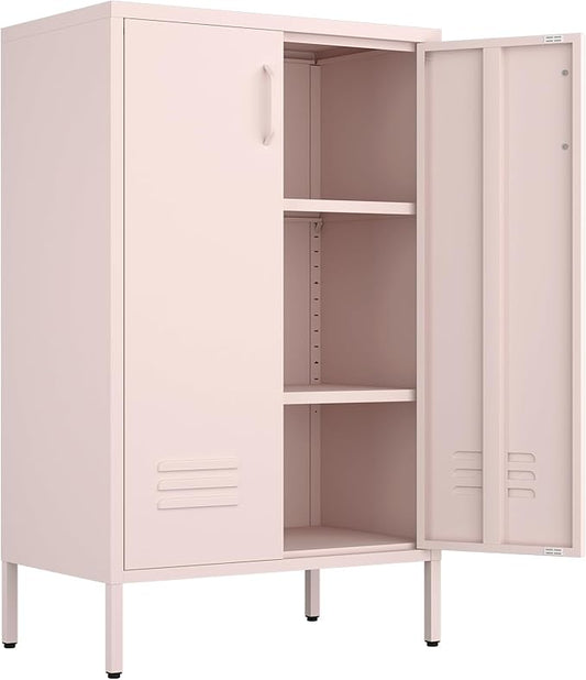 Storage Cabinet,2 Doors Locker Cabinet with Legs,Entryway Cabinet with Adjustable Shelves,Metal Locker Storage Cabinets for Office,Classroom,Bedroom,Pink