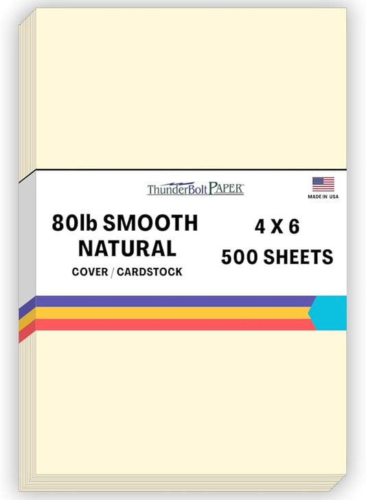 500 Natural Smooth Card Stock Sheets Paper - 4 X 6 Inches Photo|Card|Frame Size - 80# (80 lb/pound) Cover Weight - Quality Paper - Smooth Finish