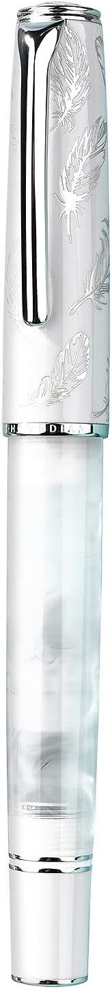 Hongdian N8 White Acrylic Resin Fountain Pen, Iridium Fine Nib Silver Plated Feather Carving Cap Smooth Writing Pen with Converter and Metal Pen Box Set