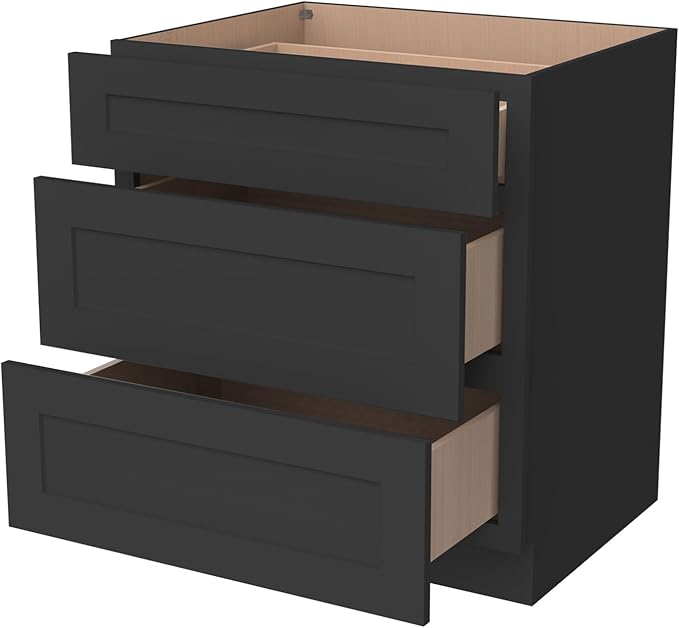 Shaker Style Charcoal Black RTA Base Cabinet -Solid Wood 3-Drawer Design with Soft Close Feature, 18" W x 24" D x 34.5" H, Perfect for Standalone Use or Kitchen Cabinet Combinations