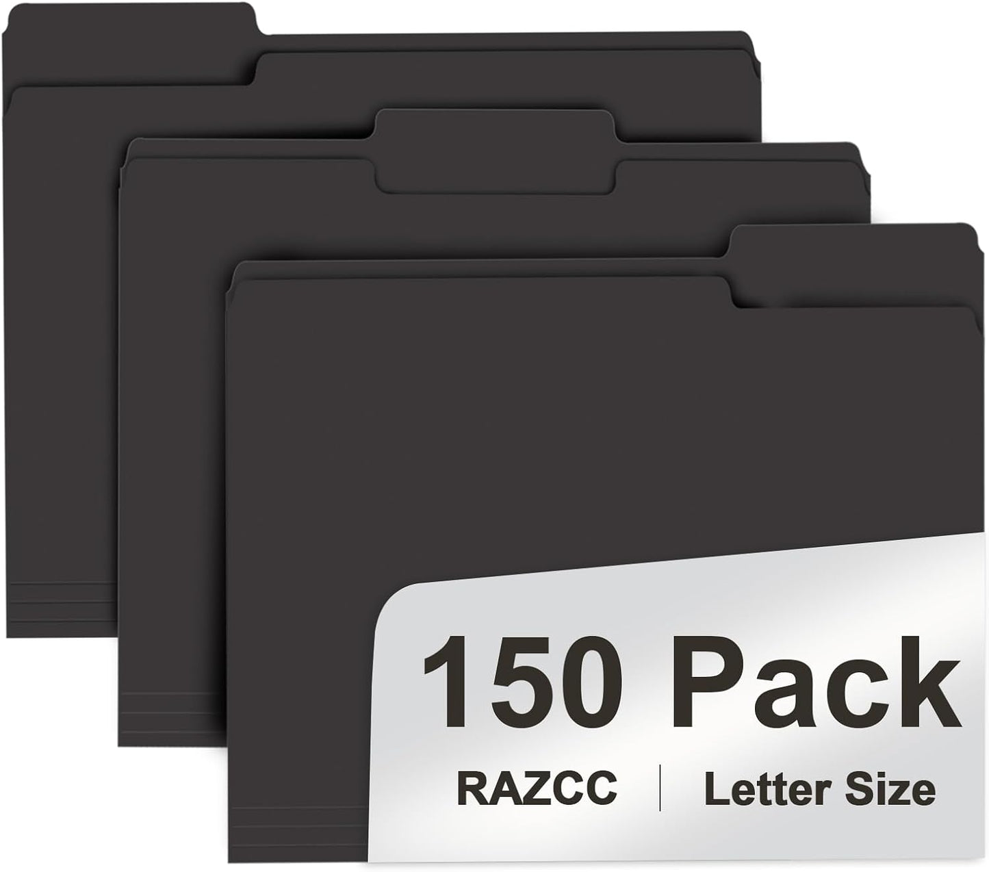 File Folder, RAZCC 150 Pack 1/3 Cut Tab File Folders Letter Size, Black Folders for Dcouments, Folders with Tab Great for Organizing and Easy File Storage
