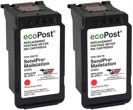 AMERICAN MAILING SOLUTIONS INC. | 2-Pack | ecoPost Remanufactured Postage Meter Ink Cartridge for PB SL-870-1 | Red | for The SendPro Mailstation | 8 ML