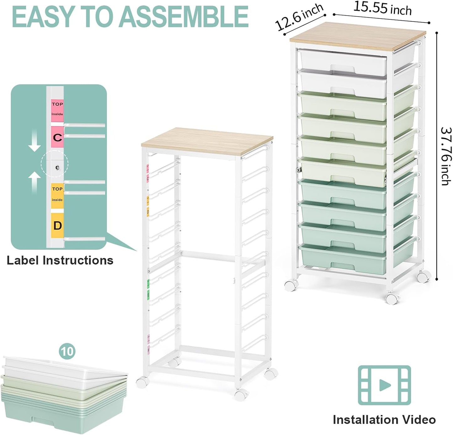 Rolling Cart with Drawers,10 Drawer Rolling Cart,Storage Cart,Utility Cart,Teacher Cart for Classroom Storage,Craft Cart with Wheels and Wooden Tabletop,Green