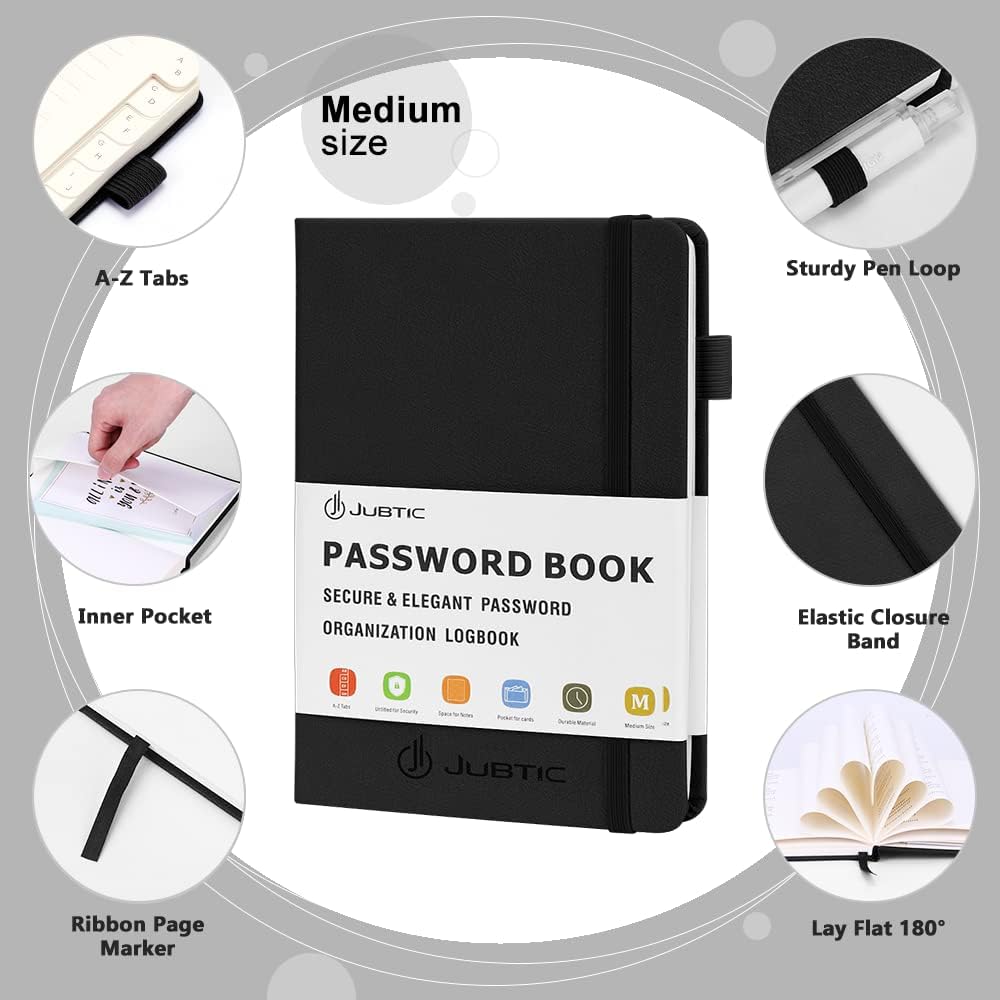 JUBTIC Password Book with Alphabetical Tabs Medium Size Password Keeper Logbook for Internet Log in Website Address Detail. Hardcover Password Notebook Journal & Organizer for Home Office, Black