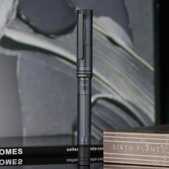 Asvine V200 Titanium Fountain Pen Vacuum Filling, Matte Black Bock Medium Nib Transparent Acrylic Smooth Writing Pen Case Set