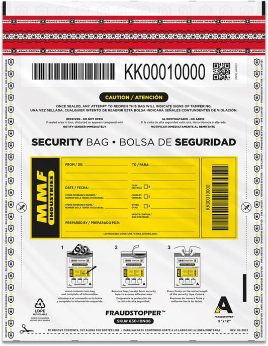 MMF Industries Cash Transmittal Bags | 9W x 12H | Pack of 100 | Unique Alphanumeric Numbering | Self-Sealing Adhesive | Four Tamper Indicators | Folded Bottom | Deposit Plastic Bags