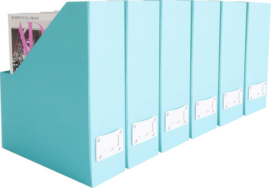 BLU MONACO Set of 6 Foldable Aqua Magazine File Holders with White Leather Label Holders – Cute Book Organizers for Desk, Classroom, Shelves, and Home Office