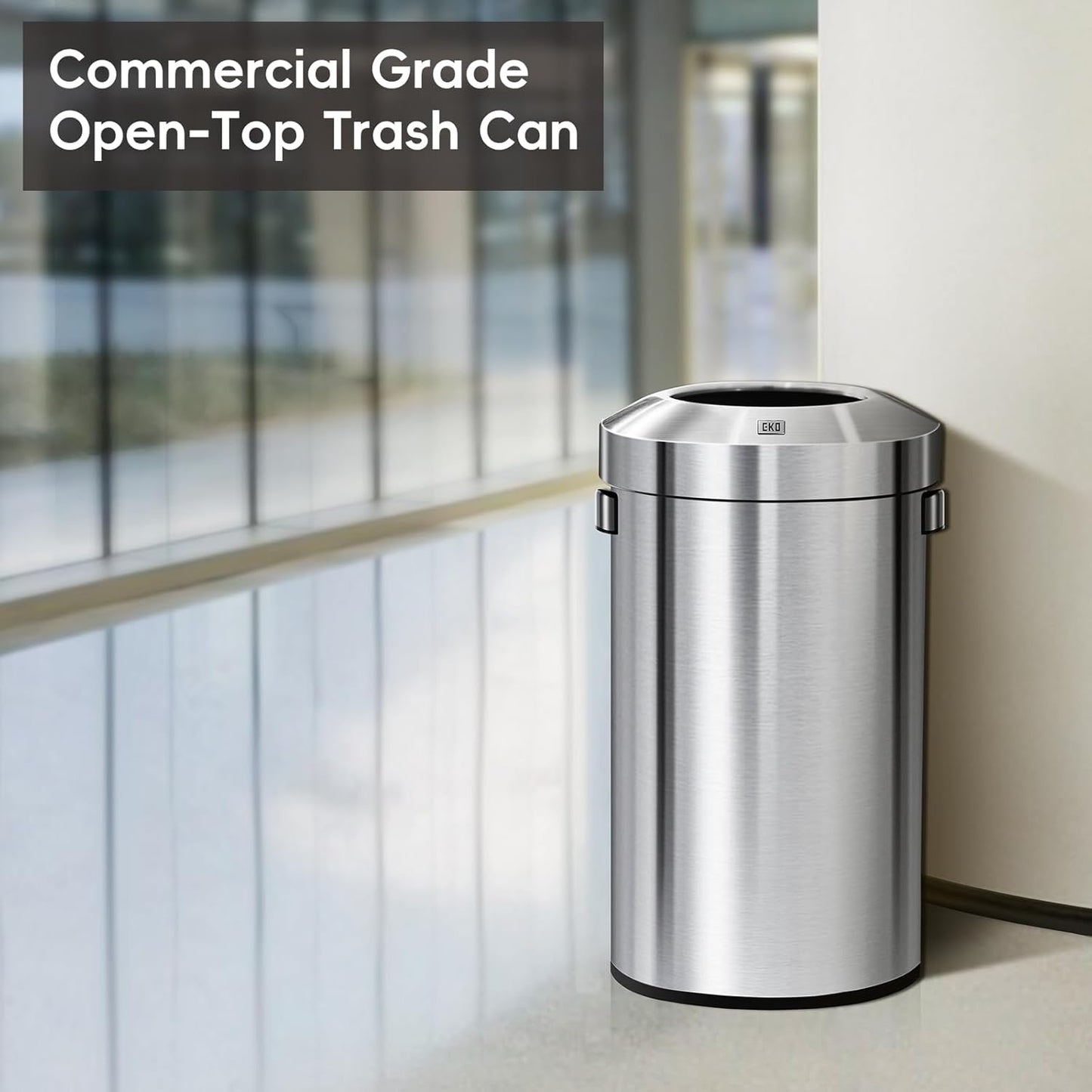 EKO 16-Gallon Round Stainless Steel Open Top Trash Can, Large Commercial Waste Bin with Detachable Lid and Carrying Handle, Brushed Metal Garbage Bin for Home, Office, Restaurant, Restroom