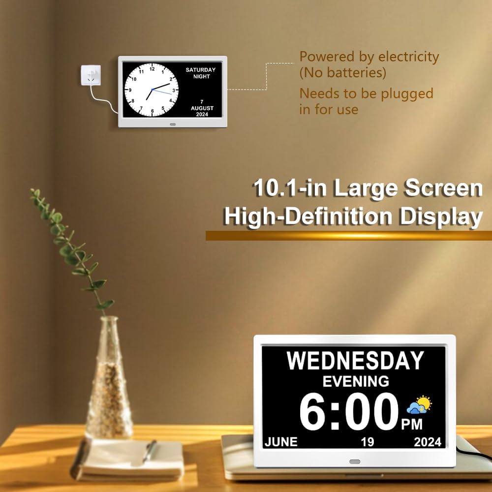 Extra Large Impaired Vision Digital Alarm Clock with Day and Time for Elderly Calendar Clock Auto Dimmable Clock (10.1 Inch White)