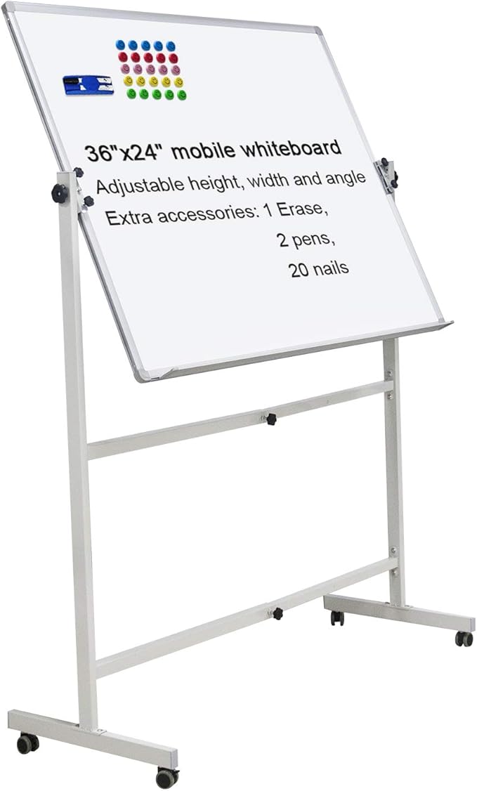 Mobile Dry Erase Board Magnetic Whiteboard on Wheels (Aluminium Frame) 36"x24" Portable White boards with Rolling Stand for Classroom, Office, Home